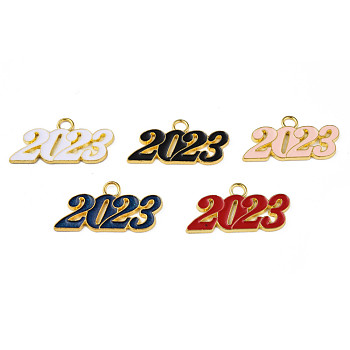 Alloy Enamel Pendants, Cadmium Free & Lead Free, Golden, New Year 2023, Mixed Color, 19x37x2mm, Hole: 3.5mm