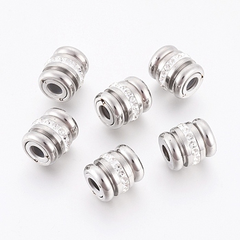 304 Stainless Steel European Beads, with Polymer Clay Rhinestone, Column, Stainless Steel Color, 14x12.5mm, Hole: 5mm