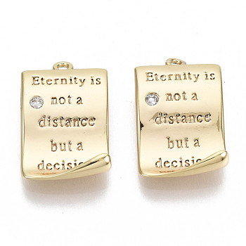 Brass Micro Pave Clear Cubic Zirconia Quote Pendants, Rectangle with Word, Nickel Free, Real 18K Gold Plated, 15.5x10x3.5mm, Hole: 1mm