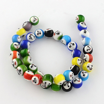 Round Handmade Lampwork Bead Strands, with Face Pattern, Mixed Color, 10mm, Hole: 1.5mm, about 39pcs/strand, 14.3 inch