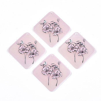 Acrylic Pendants, 3D Printed, Rhombus with Flower Pattern, Pink, 42x42x3mm, Hole: 1.8mm, Side Length: 32mm