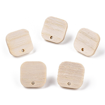 Ash Wood Stud Earring Findings, with 304 Stainless Steel Pin, Square, 16.5x16.5mm, Hole: 1.8mm, Pin: 0.7mm