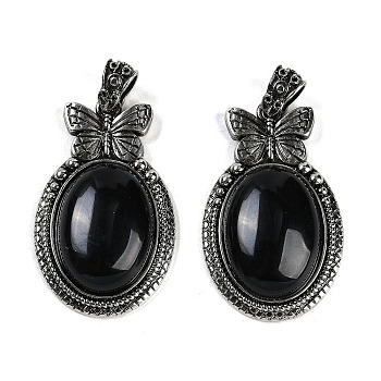 Natural Obsidian Pendants, Butterfly Oval Charms, with Antique Silver Tone Alloy Findings, Cadmium Free & Lead Free, 42.5x26x8.5mm, Hole: 4x6mm