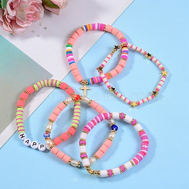 5Pcs 5 Style Handmade Polymer Clay Beads Stretch Bracelets Sets(BJEW-SZ0001-77A)-4