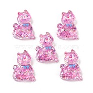 Transparent Resin Bowknot Kitten Decoden Cabochons, Cat Shape with Glitter Powder, Hot Pink, 28x20x7mm(RESI-M045-07B)