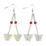 Butterfly Natural New Jade Dangle Earrings for Girl Women, Red Agate Beads Earrings with Brass Pin, 66~68mm, Pin: 0.6mm(EJEW-S212-002)