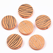 Painted Natural Wood Beads, Laser Engraved Pattern, Flat Round with Zebra-Stripe, Orange, 20x5mm, Hole: 1.5mm(WOOD-T021-50B-06)