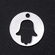 201 Stainless Steel Laser Cut Charms, Flat Round with Hamsa Hand/Hand of Fatima/Hand of Miriam, Stainless Steel Color, 11.5x1mm, Hole: 1.4mm(STAS-S105-T957-1)