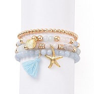 4Pcs 4 Style Natural & Synthetic Mixed Gemstone Beaded Stretch Bracelets Set, 304 Stainless Steel Shell & Starfish & Polycotton Tassel Charms Stackable Bracelets for Women, Golden, 2-1/8~2-1/4 inch(5.4~5.6cm), 1Pc/style(BJEW-JB09115)