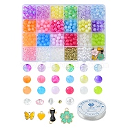 DIY Stretch Bracelet Making Kit, Including Acrylic Imitation Jade & Plastic Pearl Round Beads, Cat & Flower & Heart & Butterfly Alloy Enamel Charms, Mixed Color, 863Pcs/box(DIY-FS0003-57)