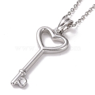 304 Stainless Steel Heart Skeleton Key Pendant Necklace for Women, Stainless Steel Color, 19.69 inch(50cm)(STAS-E154-17P)