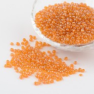 Glass Seed Beads, Transparent Colours Luster, Round, Orange, Size: about 3mm in diameter, hole: 1mm, about 1097pcs/50g(X-SEED-A006-3mm-109)