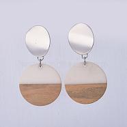 Resin & Wood Dangle Earrings, with Platinum Brass Stud Earrings Findings and 304 Stainless Steel Findings, Flat Round, WhiteSmoke, 56mm, Pendant: 28.5x3.5mm, Pin: 0.8mm(EJEW-JE03021-01)