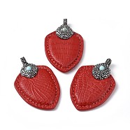 Leather Big Pendants, with Natural Howlite and Brass Polymer Clay Rhinestone Findings, Shield, Gunmetal, Red, 58.5x37.5x10.5mm, Hole: 3.5x5mm(RB-F033-07B)