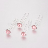 (Defective Closeout Sale), Lady's Hair Forks, with Silver Color Plated Iron Findings, Acrylic Imitation Pearl and Rhinestone, Flower, Crystal, Pink, 75mm(PHAR-XCP0001-I02)