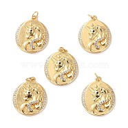 Brass Micro Pave Cubic Zirconia Pendants, Long-Lasting Plated, Cadmium Free & Lead Free, Flat Round with Unicorn, Real 18K Gold Plated, 22x19x3.5mm, Hole: 3.4mm(ZIRC-P092-002G-RS)