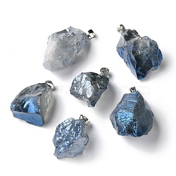 Rough Raw Electroplate Natural Crystal Quartz Pendants, with Platinum Tone Alloy Snap on Bails, Nuggets, Dodger Blue, 17~34x17~24x11.5~18mm, Hole: 5.5x4.5mm(G-S282-15E)
