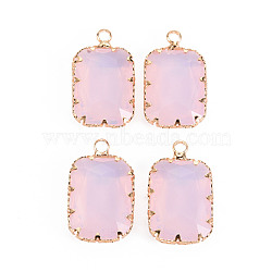 Transparent Glass Pendants, with Brass Prong Settings, Faceted, Rectangle, Light Gold, Pink, 24x14x6mm, Hole: 1.6mm(GLAA-S193-005-A02)