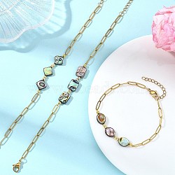 Abalone Shell/Paua Shell Beads Link Bracelets, Golden 304 Stainless Steel Paperclip Chain Bracelets for Women, Mixed Shapes, 7.48 inch(19cm)(BJEW-JB13824)