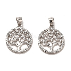 Rhodium Plated 925 Sterling Silver Pendant, with Cubic Zirconia, Flat Round with Tree of Life Charms, with 925 Stamp, Real Platinum Plated, 17.5x15x1.6mm, Hole: 4x3mm(STER-H110-17P)