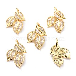 Real 18K Gold Plated Brass Micro Pave Cubic Zirconia Pendants, Long-Lasting Plated, Leaf, Clear, 29x19.5x3.5mm, Hole: 6.5x5mm(KK-D004-31G)