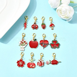 12Pcs Alloy Enamel Pendant Decorations, with Alloy Lobster Claw Clasps, Mixed Shapes, Red, 25~40mm(HJEW-YW00093-01)