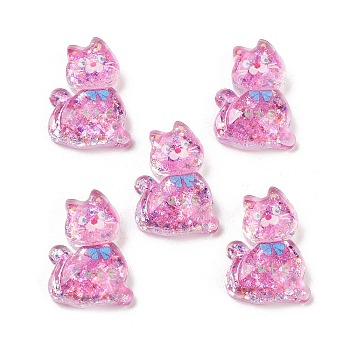 Transparent Resin Bowknot Kitten Decoden Cabochons, Cat Shape with Glitter Powder, Hot Pink, 28x20x7mm