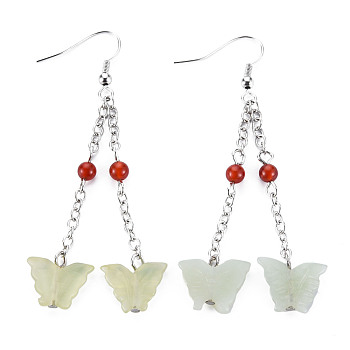 Butterfly Natural New Jade Dangle Earrings for Girl Women, Red Agate Beads Earrings with Brass Pin, 66~68mm, Pin: 0.6mm