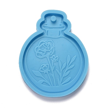 Perfume Bottle with Flower Pendant Silicone Molds, Resin Casting Molds, for UV Resin & Epoxy Resin Jewelry Making, Sky Blue, 71x56x7mm, Hole: 4mm, Inner Diameter: 65.5mm