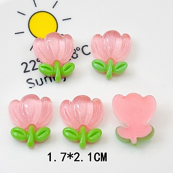 Translucent Resin Decoden Cabochons, Flower with Glitter Powder, Flamingo, 21x17mm