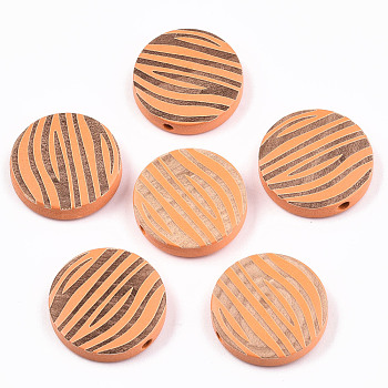 Painted Natural Wood Beads, Laser Engraved Pattern, Flat Round with Zebra-Stripe, Orange, 20x5mm, Hole: 1.5mm