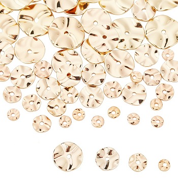 Elite 40Pcs 4 Style Brass Beads, Textured, Flat Round, Real 18K Gold Plated, 4~10x1mm, Hole: 1mm, 10pcs/style