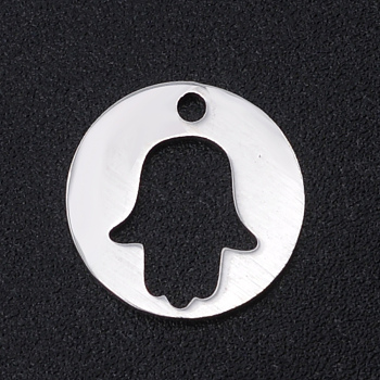 201 Stainless Steel Laser Cut Charms, Flat Round with Hamsa Hand/Hand of Fatima/Hand of Miriam, Stainless Steel Color, 11.5x1mm, Hole: 1.4mm