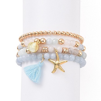 4Pcs 4 Style Natural & Synthetic Mixed Gemstone Beaded Stretch Bracelets Set, 304 Stainless Steel Shell & Starfish & Polycotton Tassel Charms Stackable Bracelets for Women, Golden, 2-1/8~2-1/4 inch(5.4~5.6cm), 1Pc/style