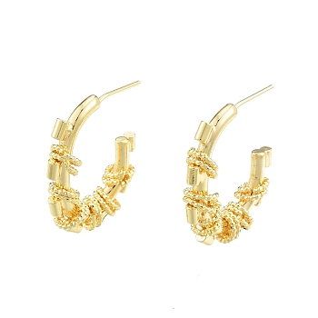 Brass Ring Beaded Stud Earrings, Half Hoop Earrings for Women, Nickel Free, Real 18K Gold Plated, 25x21.5x5.5mm, Pin: 0.6mm