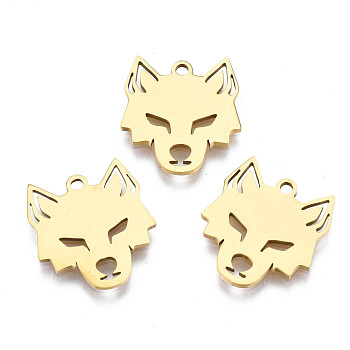 Ion Plating(IP) 201 Stainless Steel Pendants, Laser Cut, Wolf Head, Golden, 16x15x1mm, Hole: 1.4mm