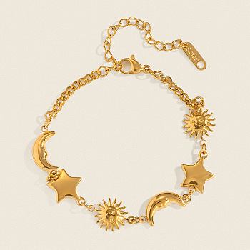 304 Stainless Steel Star & Sun & Moon Link Bracelets for Women, Real 18K Gold Plated, 6-3/4 inch(17cm)