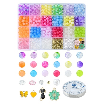 DIY Stretch Bracelet Making Kit, Including Acrylic Imitation Jade & Plastic Pearl Round Beads, Cat & Flower & Heart & Butterfly Alloy Enamel Charms, Mixed Color, 863Pcs/box