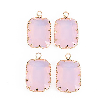 Transparent Glass Pendants, with Brass Prong Settings, Faceted, Rectangle, Light Gold, Pink, 24x14x6mm, Hole: 1.6mm