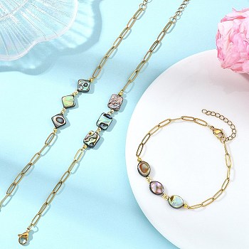 Abalone Shell/Paua Shell Beads Link Bracelets, Golden 304 Stainless Steel Paperclip Chain Bracelets for Women, Mixed Shapes, 7.48 inch(19cm)