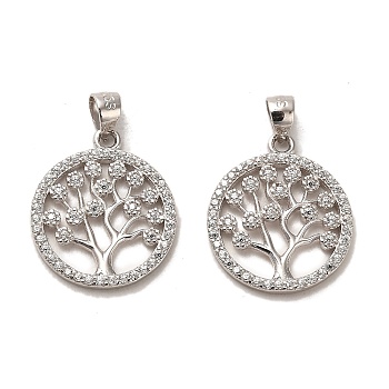 Rhodium Plated 925 Sterling Silver Pendant, with Cubic Zirconia, Flat Round with Tree of Life Charms, with 925 Stamp, Real Platinum Plated, 17.5x15x1.6mm, Hole: 4x3mm