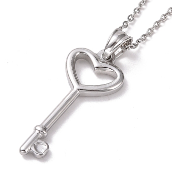 304 Stainless Steel Heart Skeleton Key Pendant Necklace for Women, Stainless Steel Color, 19.69 inch(50cm)