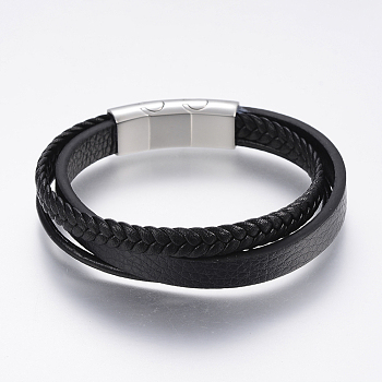 Leather Cord Multi-strand Bracelets, with 304 Stainless Steel Magnetic Clasps, Black, 8-5/8 inch(22cm)