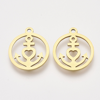 201 Stainless Steel Pendants, Laser Cut Pendants, Flat Round with Anchor, Golden, 17.5x15x1mm, Hole: 1.4mm