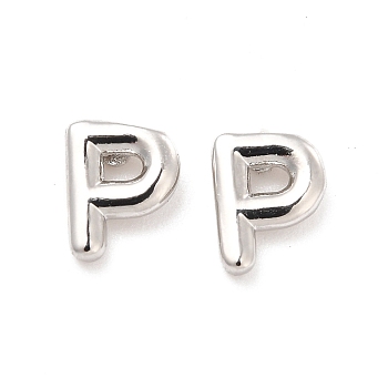 Brass Hollow Out Initial Letter Stud Earrings for Women, Platinum, Lead Free & Cadmium Free, Letter.P, 7x5.5x1.5mm, Pin: 0.8mm