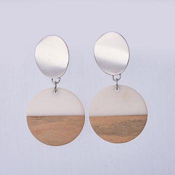 Resin & Wood Dangle Earrings, with Platinum Brass Stud Earrings Findings and 304 Stainless Steel Findings, Flat Round, WhiteSmoke, 56mm, Pendant: 28.5x3.5mm, Pin: 0.8mm