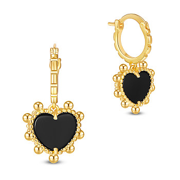 SHEGRACE Brass Hoop Earrings, with Natural Black Agate, Heart, Real 18K Gold Plated, Black, 28mm