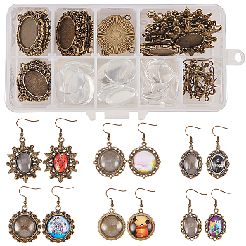 DIY Earring Making, Tibetan Style Pendant Cabochon Settings, Transparent Glass Cabochons and Brass Earring Hooks, Antique Bronze, 13.5x7x3cm, Pendant: Tray: 18x13mm and 20mm, 29~42x20~32x1.5~3mm, Hole: 1.5~3mm, Cabochon: 19.5~20x5.5mm and 18x13x4~5mm