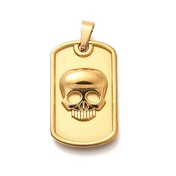 304 Stainless Steel Pendants, Golden, Rectangle Charm, Skull, 26.5x16x3.5mm, Hole: 3x6.5mm