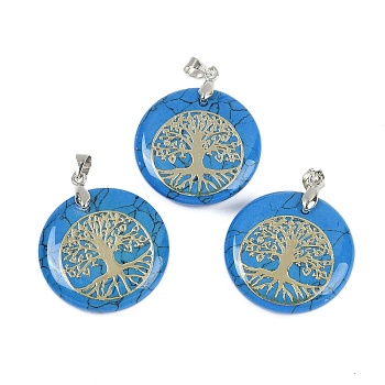 Synthetic Turquoise Flat Round Pendants, Tree of Life Charms with Rack Plating Platinum Tone Brass Snap on Bails, Cadmium Free & Lead Free, 30.5~32x25~25.5x6.5~7.5mm, Hole: 4.5x3.5mm